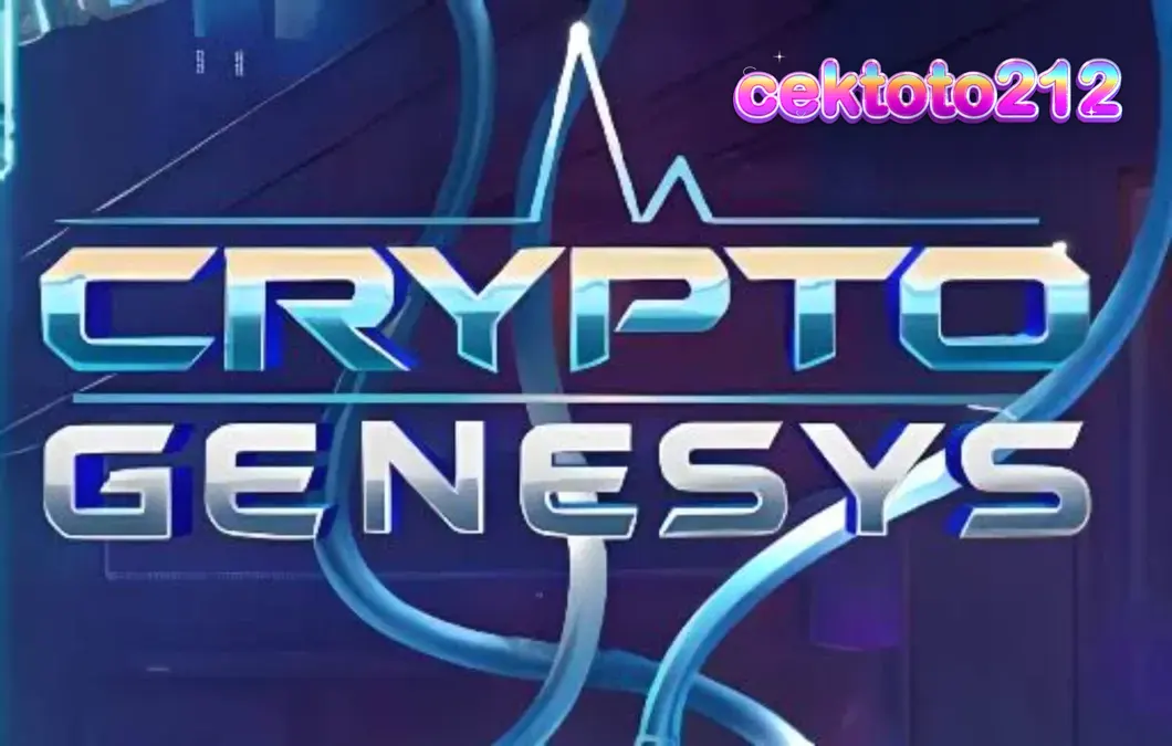 Tampilan layar permainan slot Crypto Genesys dengan tema siberpunk dan simbol kripto.